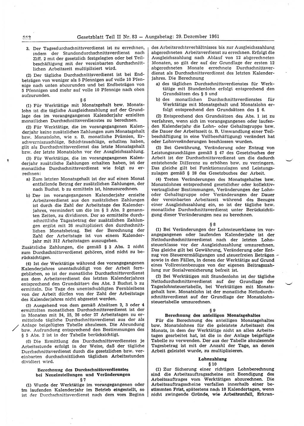 Gesetzblatt (GBl.) der Deutschen Demokratischen Republik (DDR) Teil ⅠⅠ 1961, Seite 552 (GBl. DDR ⅠⅠ 1961, S. 552)