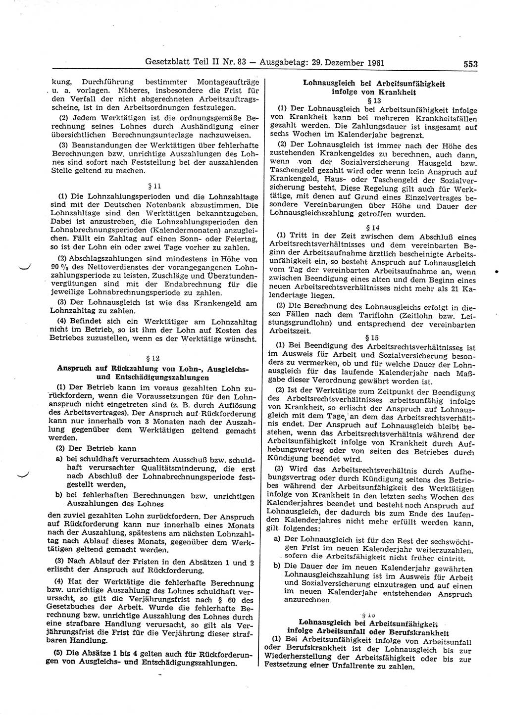 Gesetzblatt (GBl.) der Deutschen Demokratischen Republik (DDR) Teil ⅠⅠ 1961, Seite 553 (GBl. DDR ⅠⅠ 1961, S. 553)