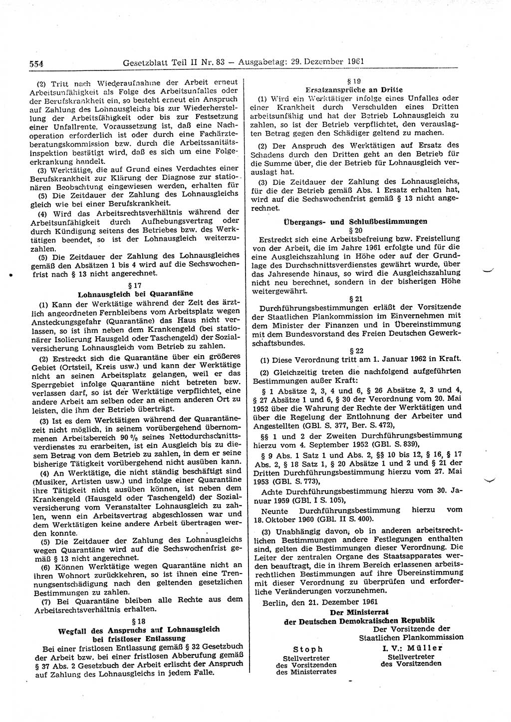 Gesetzblatt (GBl.) der Deutschen Demokratischen Republik (DDR) Teil ⅠⅠ 1961, Seite 554 (GBl. DDR ⅠⅠ 1961, S. 554)