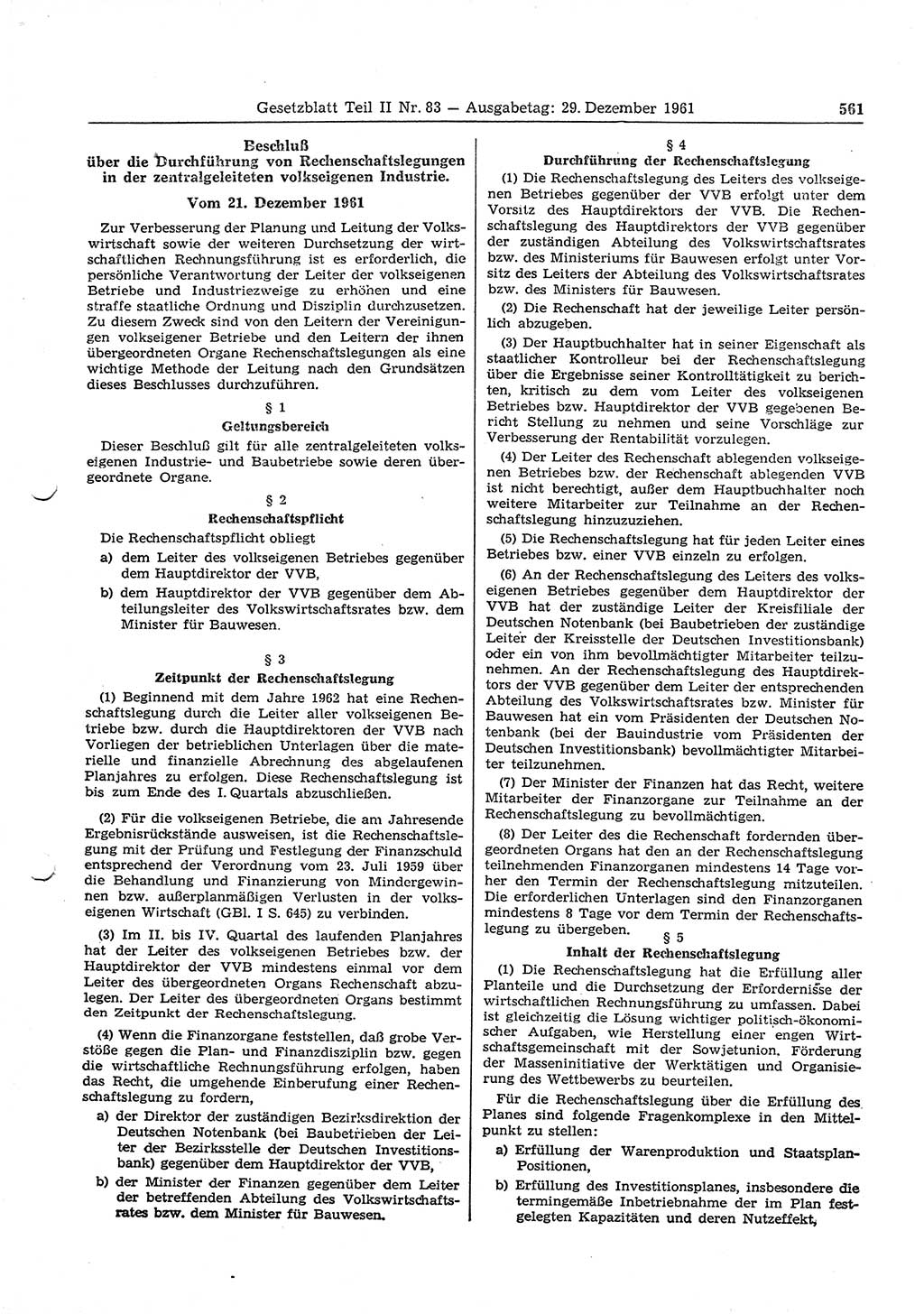 Gesetzblatt (GBl.) der Deutschen Demokratischen Republik (DDR) Teil ⅠⅠ 1961, Seite 561 (GBl. DDR ⅠⅠ 1961, S. 561)