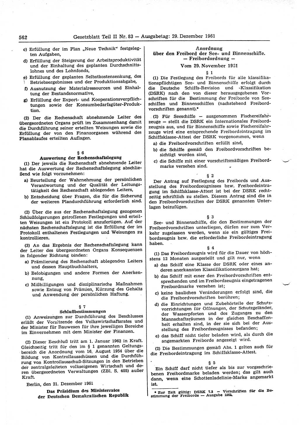 Gesetzblatt (GBl.) der Deutschen Demokratischen Republik (DDR) Teil ⅠⅠ 1961, Seite 562 (GBl. DDR ⅠⅠ 1961, S. 562)