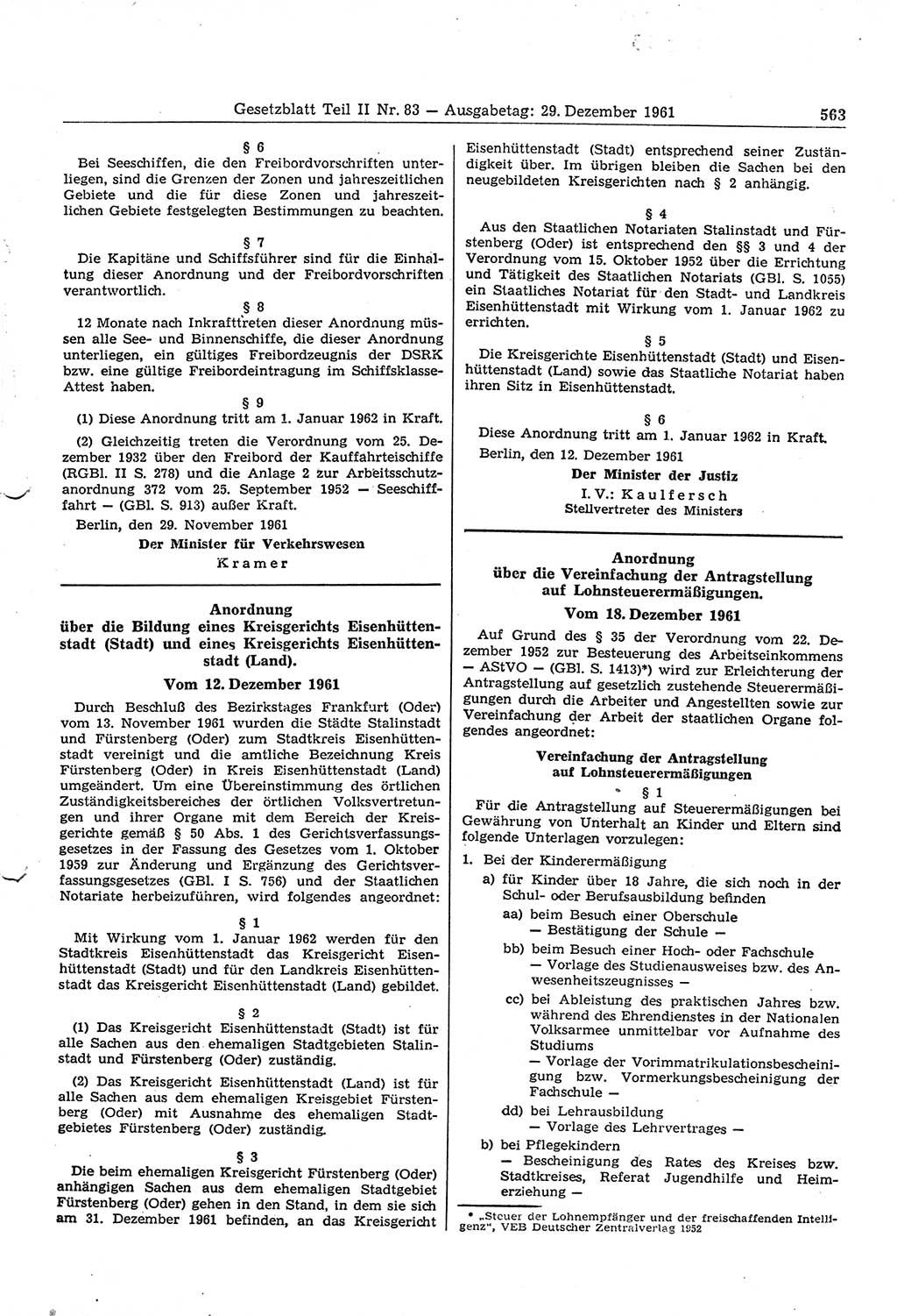 Gesetzblatt (GBl.) der Deutschen Demokratischen Republik (DDR) Teil ⅠⅠ 1961, Seite 563 (GBl. DDR ⅠⅠ 1961, S. 563)