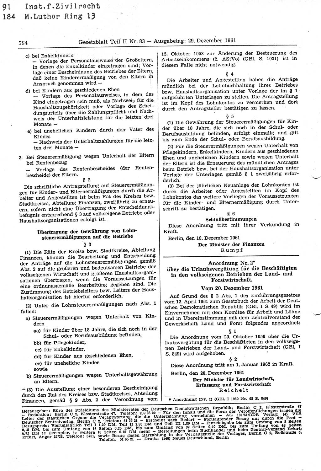Gesetzblatt (GBl.) der Deutschen Demokratischen Republik (DDR) Teil ⅠⅠ 1961, Seite 564 (GBl. DDR ⅠⅠ 1961, S. 564)