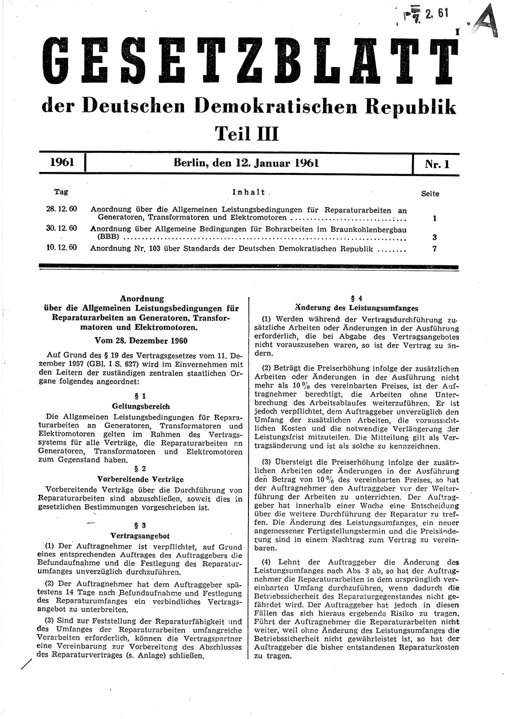 Gesetzblatt (GBl.) der Deutschen Demokratischen Republik (DDR) Teil â… â… â… 1961, Seite 1 (GBl. DDR â… â… â… 1961, S. 1)