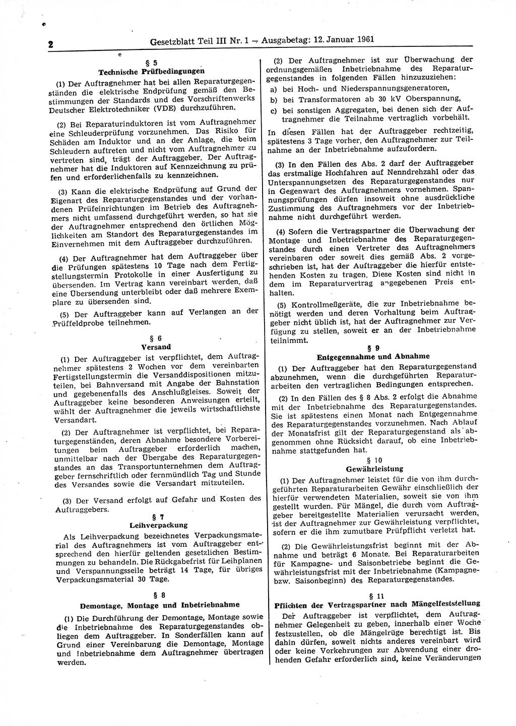 Gesetzblatt (GBl.) der Deutschen Demokratischen Republik (DDR) Teil ⅠⅠⅠ 1961, Seite 2 (GBl. DDR ⅠⅠⅠ 1961, S. 2)