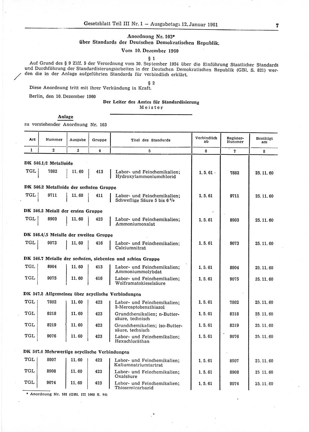 Gesetzblatt (GBl.) der Deutschen Demokratischen Republik (DDR) Teil ⅠⅠⅠ 1961, Seite 7 (GBl. DDR ⅠⅠⅠ 1961, S. 7)