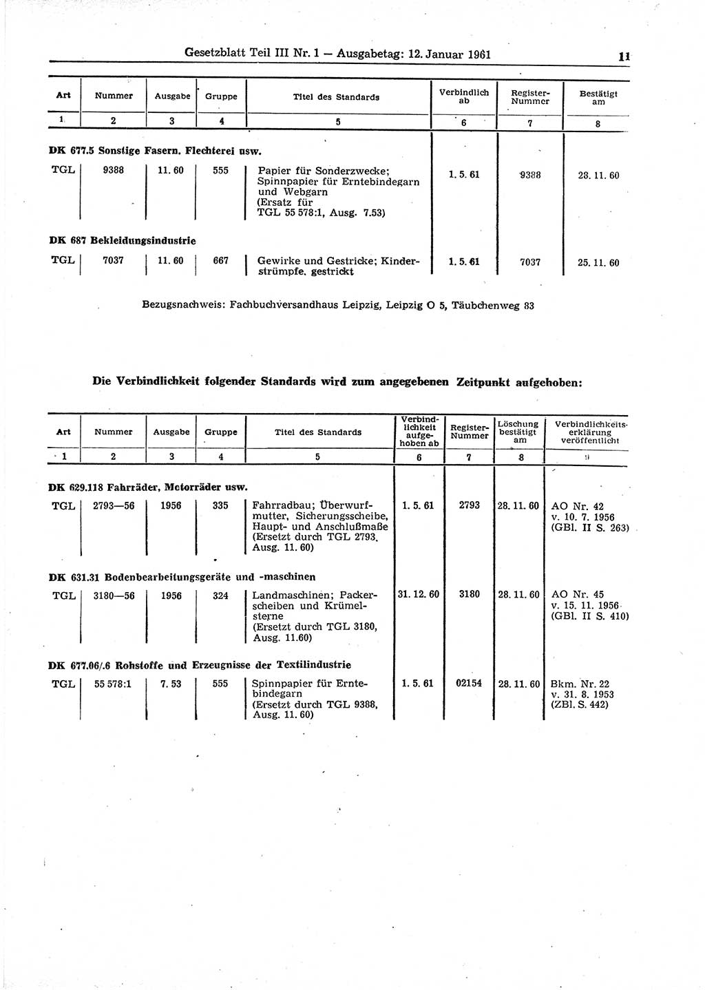 Gesetzblatt (GBl.) der Deutschen Demokratischen Republik (DDR) Teil ⅠⅠⅠ 1961, Seite 11 (GBl. DDR ⅠⅠⅠ 1961, S. 11)