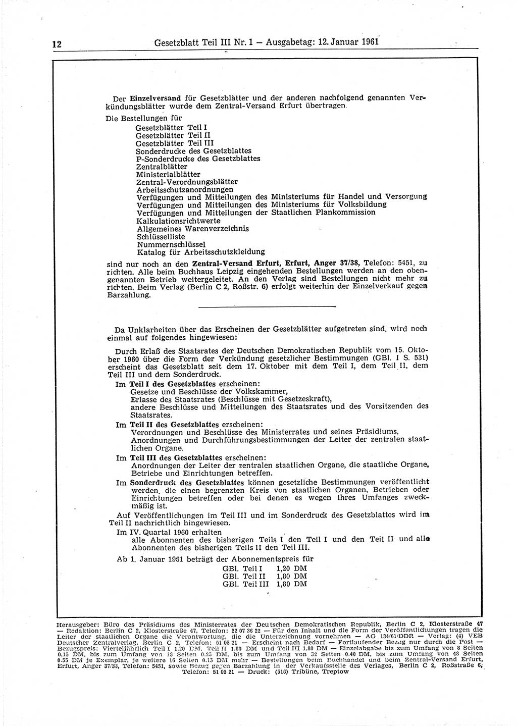 Gesetzblatt (GBl.) der Deutschen Demokratischen Republik (DDR) Teil ⅠⅠⅠ 1961, Seite 12 (GBl. DDR ⅠⅠⅠ 1961, S. 12)