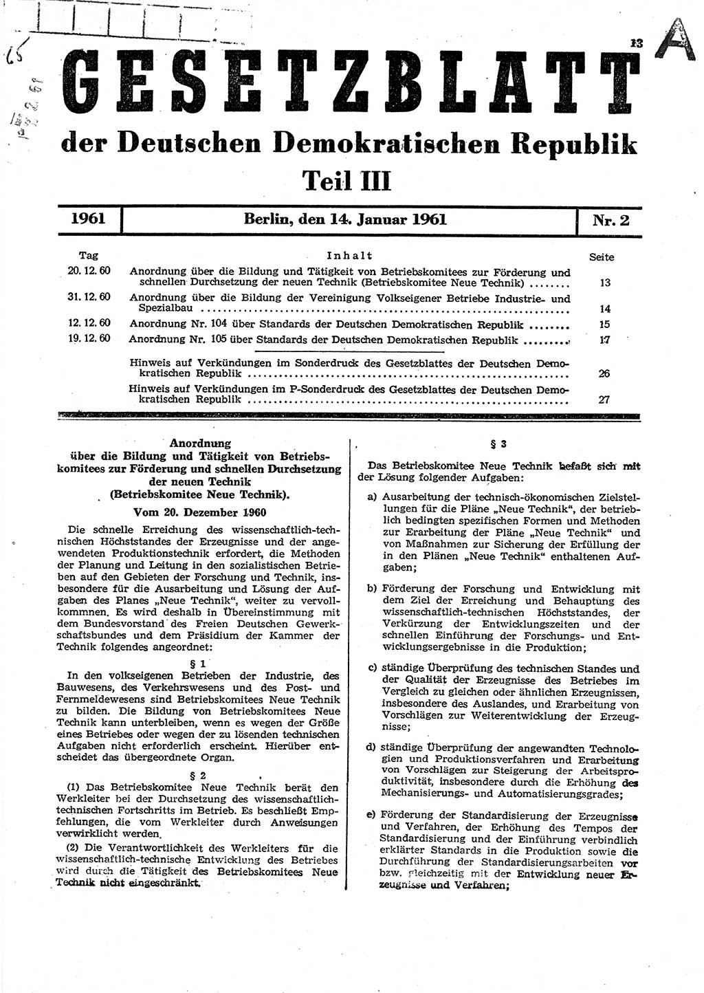 Gesetzblatt (GBl.) der Deutschen Demokratischen Republik (DDR) Teil ⅠⅠⅠ 1961, Seite 13 (GBl. DDR ⅠⅠⅠ 1961, S. 13)