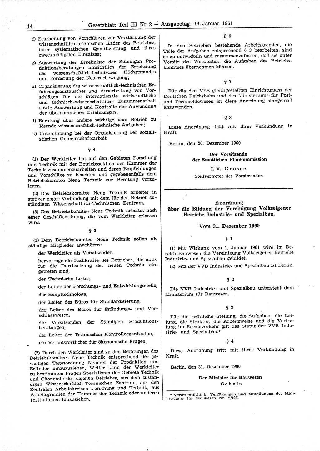 Gesetzblatt (GBl.) der Deutschen Demokratischen Republik (DDR) Teil ⅠⅠⅠ 1961, Seite 14 (GBl. DDR ⅠⅠⅠ 1961, S. 14)