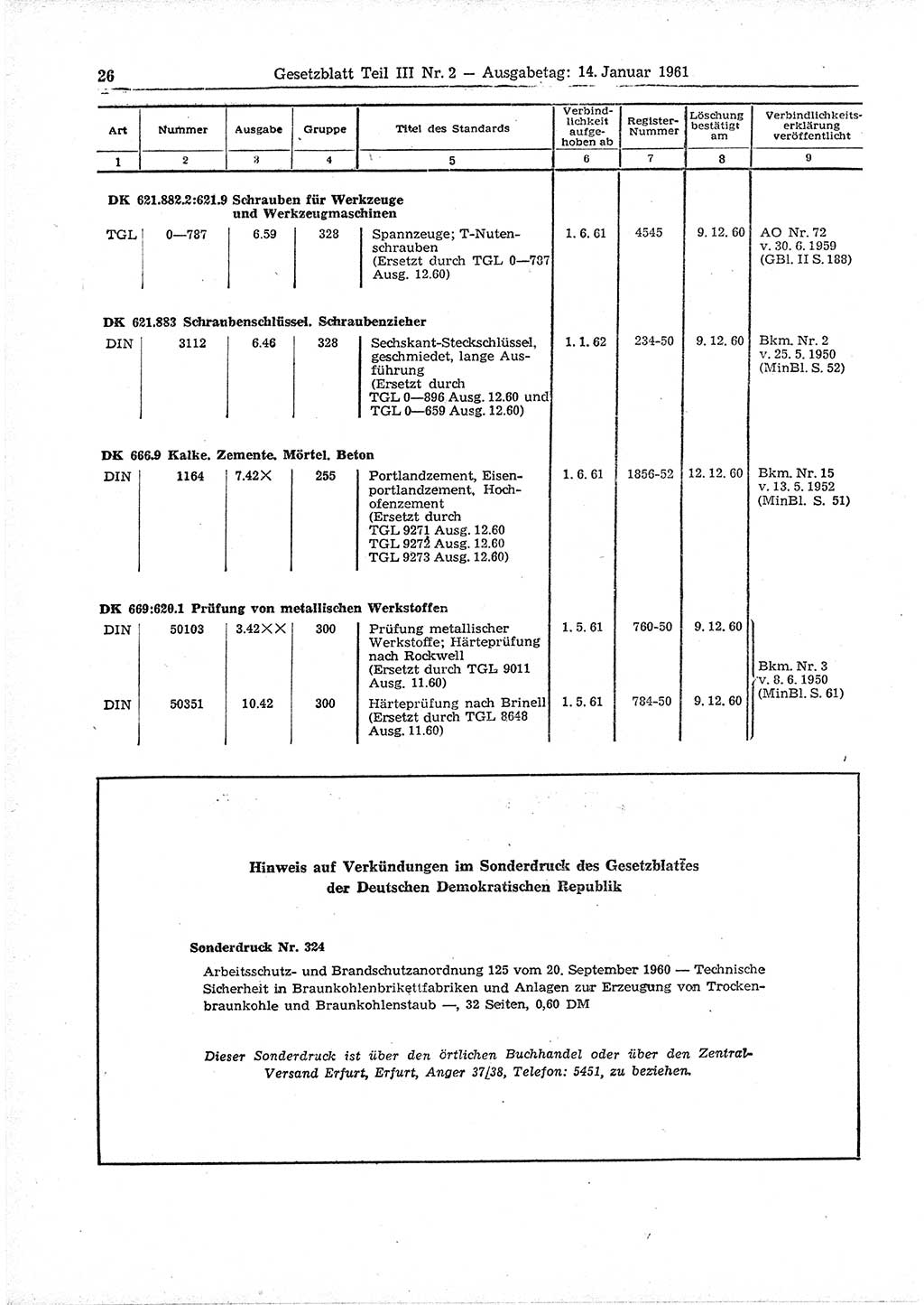 Gesetzblatt (GBl.) der Deutschen Demokratischen Republik (DDR) Teil ⅠⅠⅠ 1961, Seite 26 (GBl. DDR ⅠⅠⅠ 1961, S. 26)