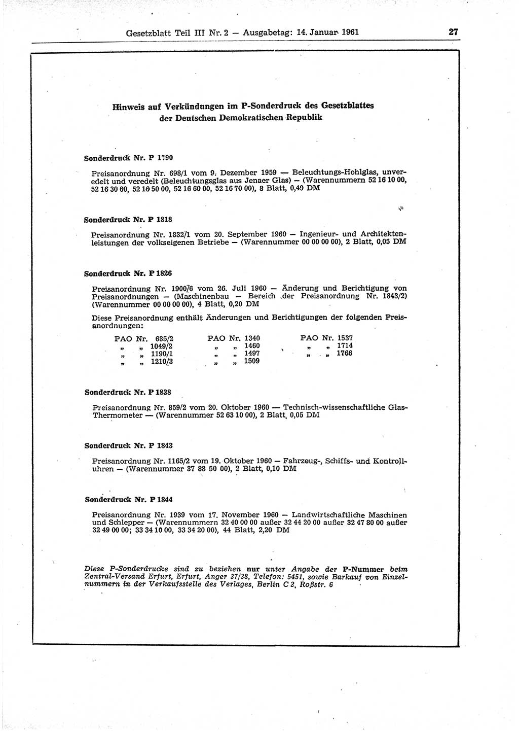 Gesetzblatt (GBl.) der Deutschen Demokratischen Republik (DDR) Teil ⅠⅠⅠ 1961, Seite 27 (GBl. DDR ⅠⅠⅠ 1961, S. 27)