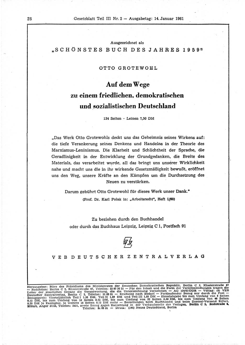 Gesetzblatt (GBl.) der Deutschen Demokratischen Republik (DDR) Teil ⅠⅠⅠ 1961, Seite 28 (GBl. DDR ⅠⅠⅠ 1961, S. 28)