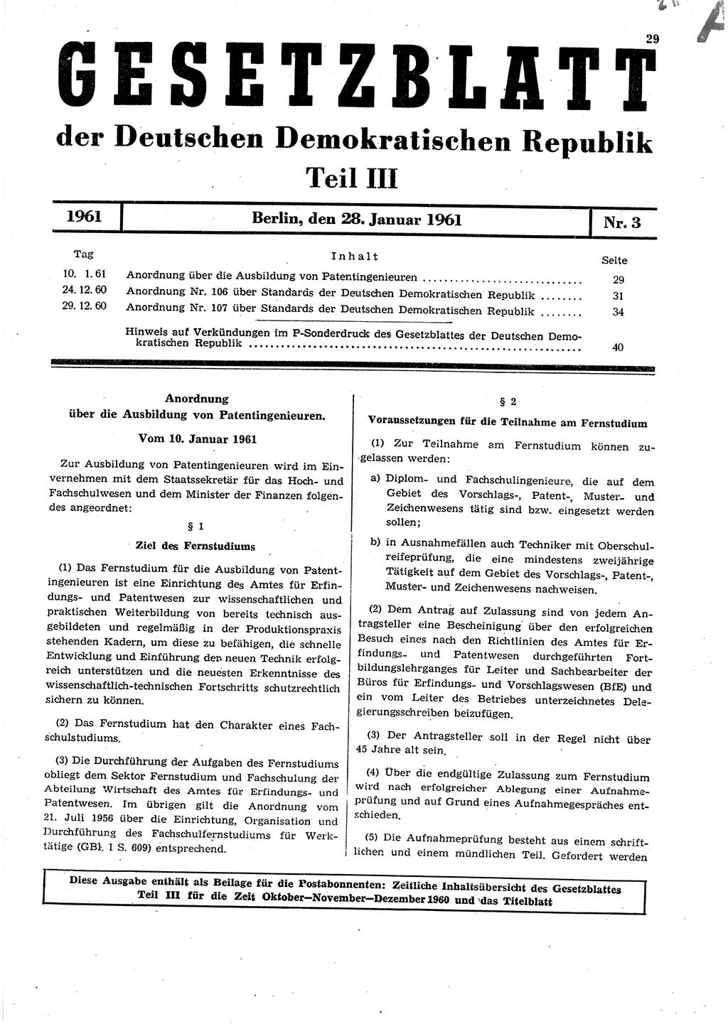 Gesetzblatt (GBl.) der Deutschen Demokratischen Republik (DDR) Teil ⅠⅠⅠ 1961, Seite 29 (GBl. DDR ⅠⅠⅠ 1961, S. 29)