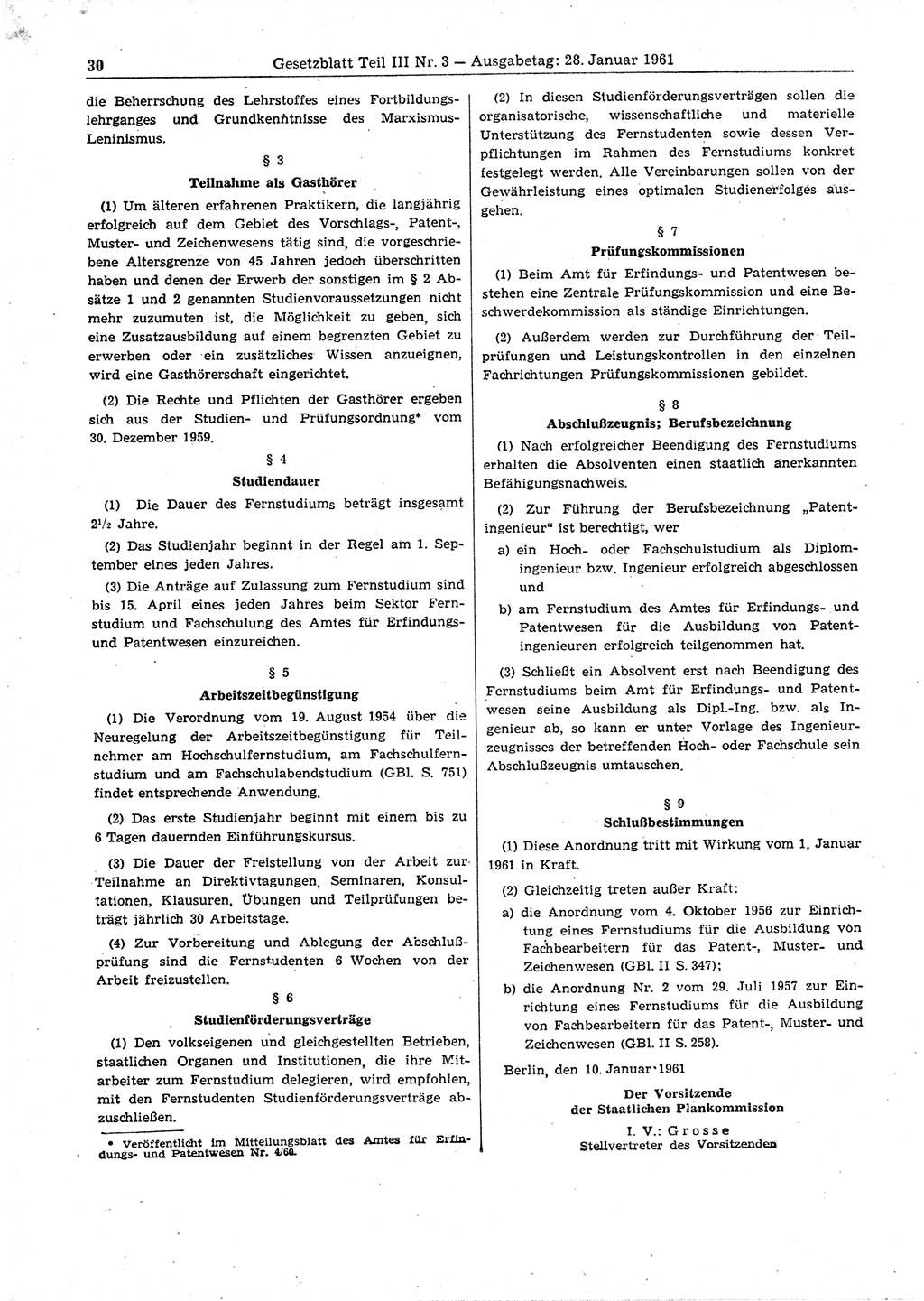 Gesetzblatt (GBl.) der Deutschen Demokratischen Republik (DDR) Teil ⅠⅠⅠ 1961, Seite 30 (GBl. DDR ⅠⅠⅠ 1961, S. 30)