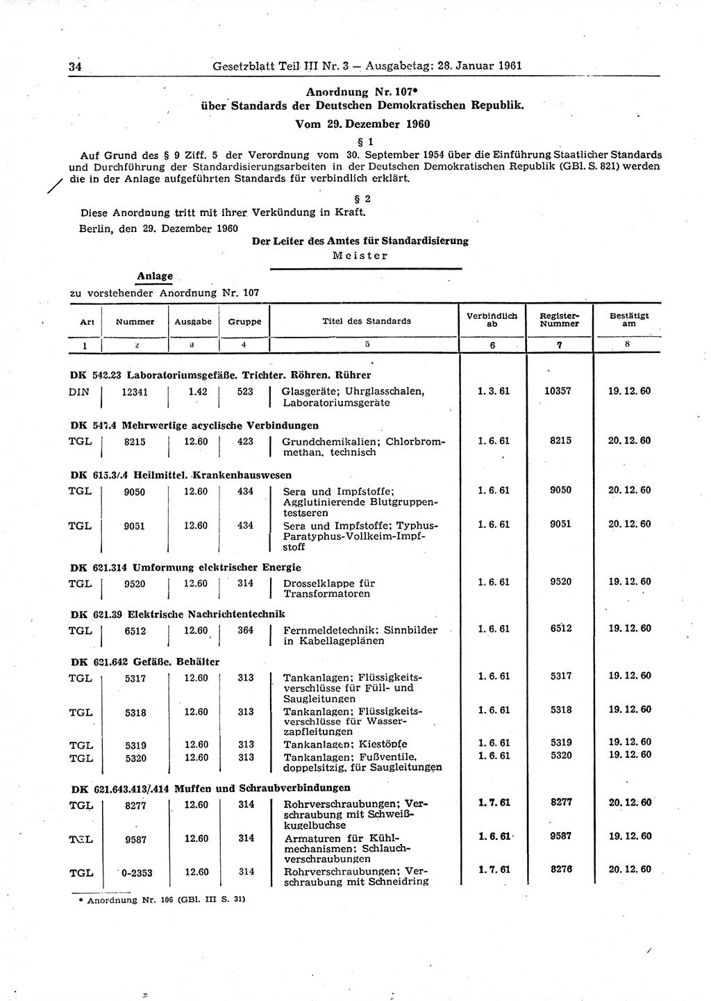 Gesetzblatt (GBl.) der Deutschen Demokratischen Republik (DDR) Teil ⅠⅠⅠ 1961, Seite 34 (GBl. DDR ⅠⅠⅠ 1961, S. 34)