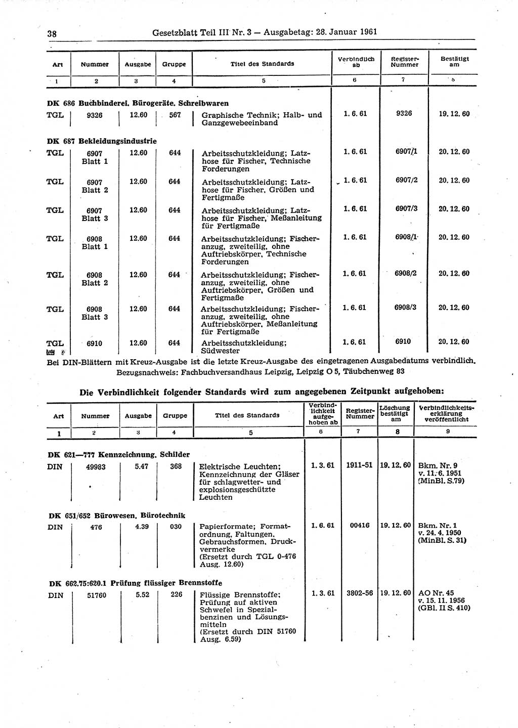 Gesetzblatt (GBl.) der Deutschen Demokratischen Republik (DDR) Teil ⅠⅠⅠ 1961, Seite 38 (GBl. DDR ⅠⅠⅠ 1961, S. 38)