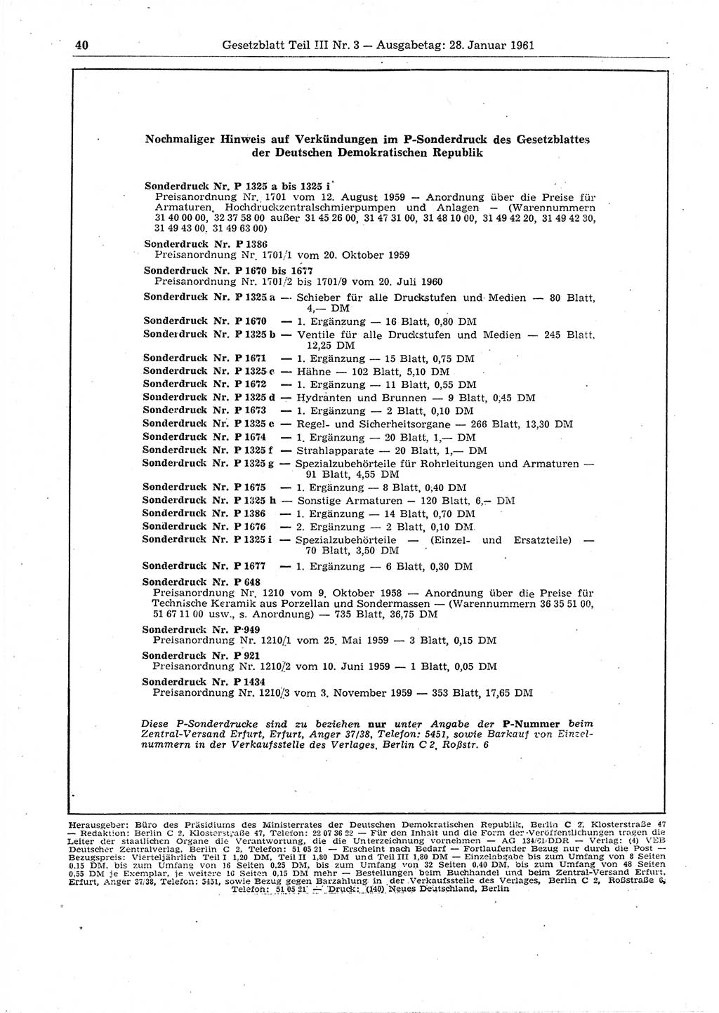Gesetzblatt (GBl.) der Deutschen Demokratischen Republik (DDR) Teil ⅠⅠⅠ 1961, Seite 40 (GBl. DDR ⅠⅠⅠ 1961, S. 40)