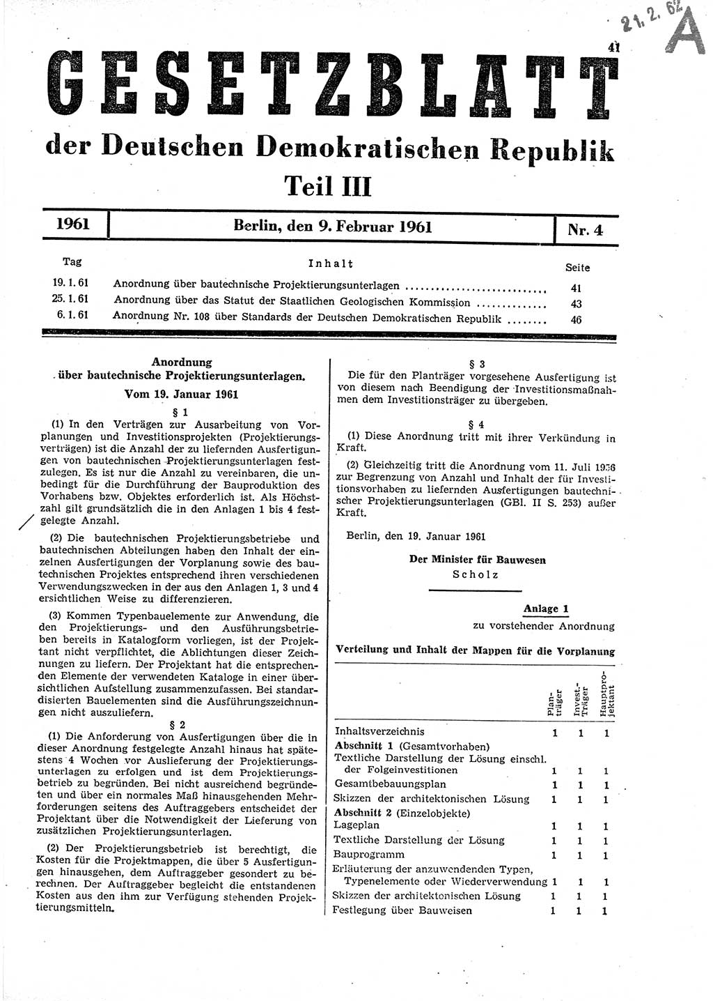 Gesetzblatt (GBl.) der Deutschen Demokratischen Republik (DDR) Teil ⅠⅠⅠ 1961, Seite 41 (GBl. DDR ⅠⅠⅠ 1961, S. 41)