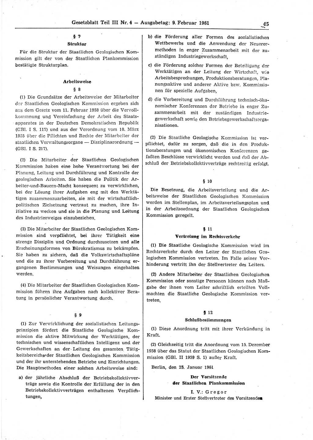 Gesetzblatt (GBl.) der Deutschen Demokratischen Republik (DDR) Teil ⅠⅠⅠ 1961, Seite 45 (GBl. DDR ⅠⅠⅠ 1961, S. 45)