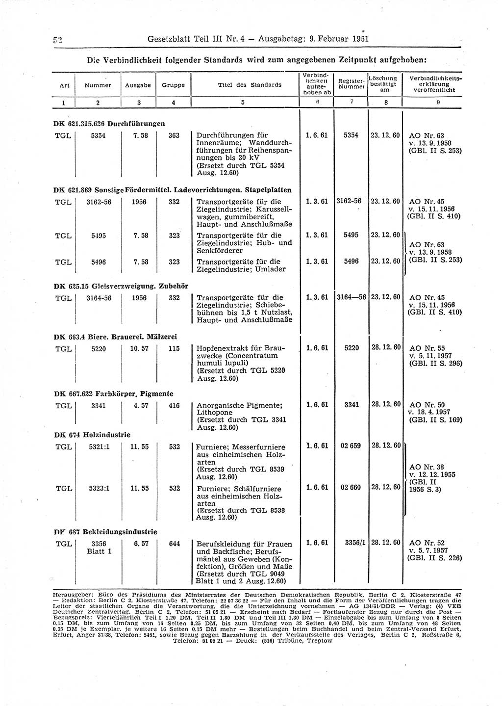 Gesetzblatt (GBl.) der Deutschen Demokratischen Republik (DDR) Teil ⅠⅠⅠ 1961, Seite 52 (GBl. DDR ⅠⅠⅠ 1961, S. 52)