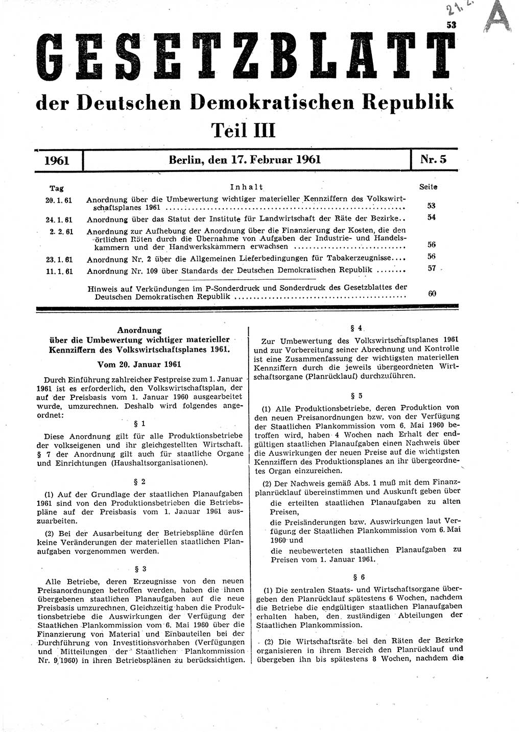 Gesetzblatt (GBl.) der Deutschen Demokratischen Republik (DDR) Teil ⅠⅠⅠ 1961, Seite 53 (GBl. DDR ⅠⅠⅠ 1961, S. 53)