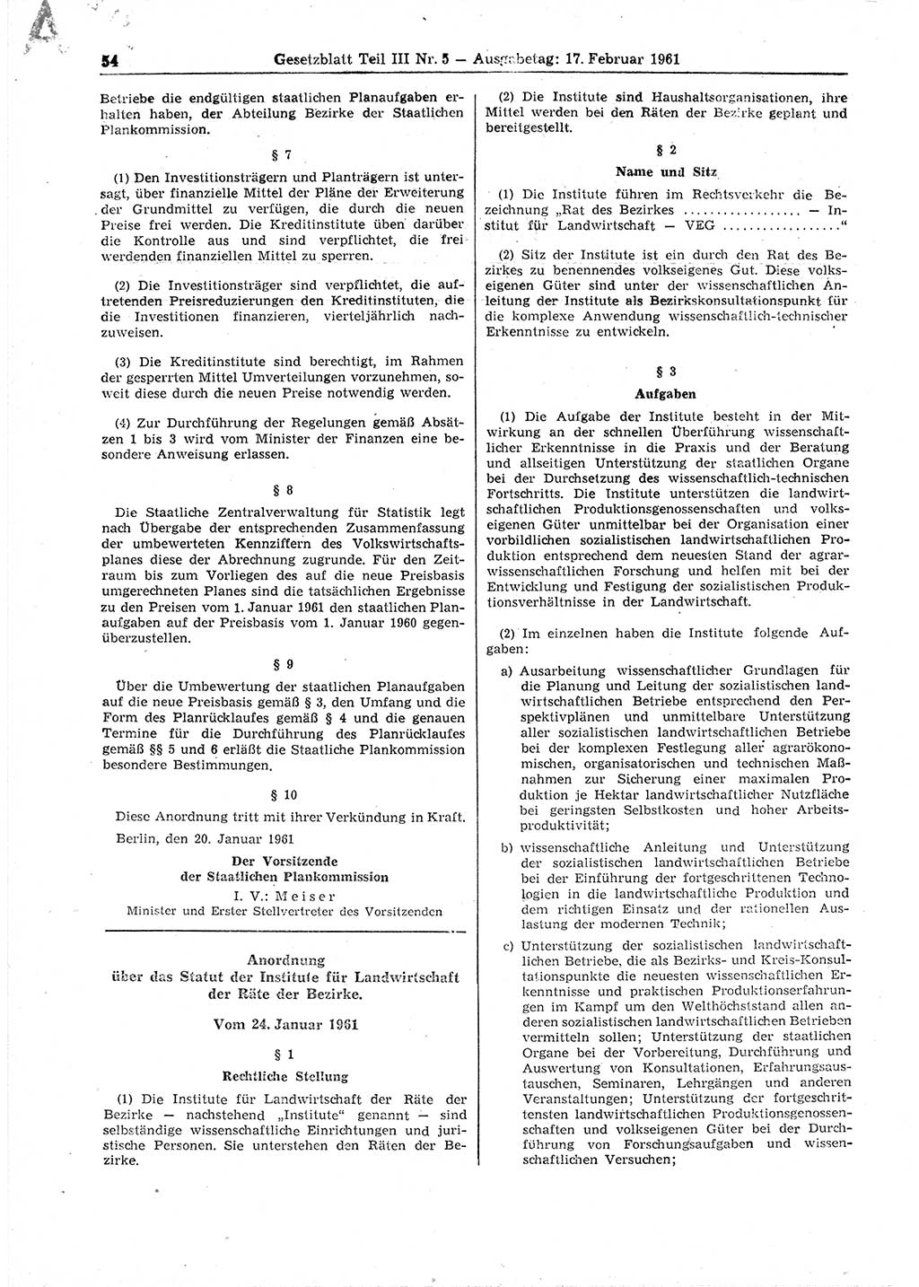 Gesetzblatt (GBl.) der Deutschen Demokratischen Republik (DDR) Teil ⅠⅠⅠ 1961, Seite 54 (GBl. DDR ⅠⅠⅠ 1961, S. 54)
