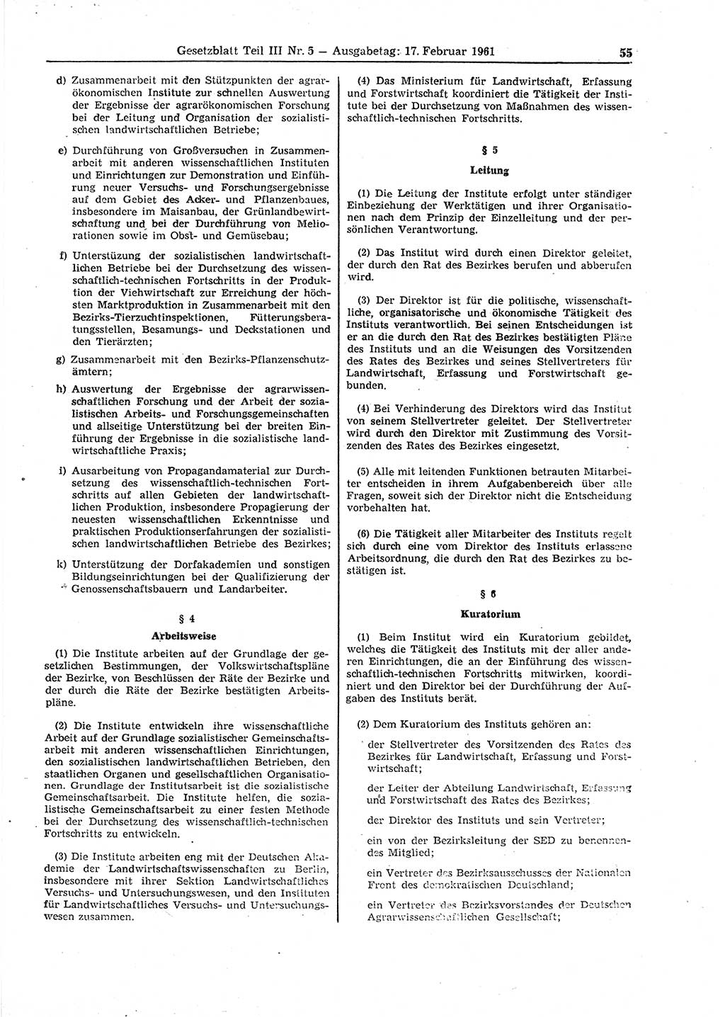 Gesetzblatt (GBl.) der Deutschen Demokratischen Republik (DDR) Teil ⅠⅠⅠ 1961, Seite 55 (GBl. DDR ⅠⅠⅠ 1961, S. 55)