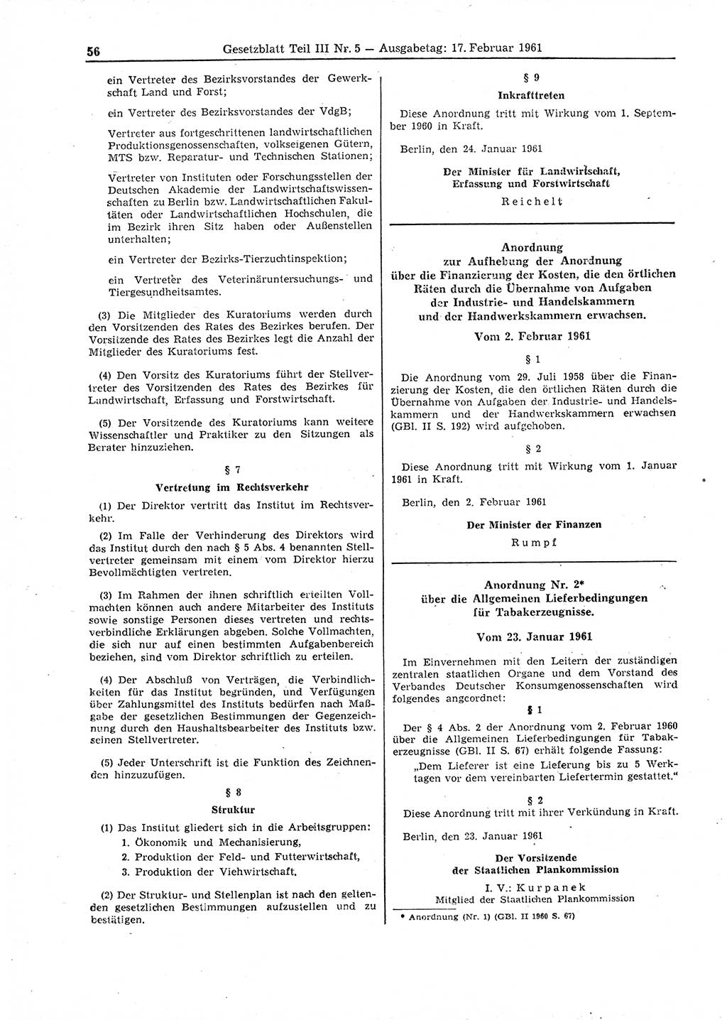 Gesetzblatt (GBl.) der Deutschen Demokratischen Republik (DDR) Teil ⅠⅠⅠ 1961, Seite 56 (GBl. DDR ⅠⅠⅠ 1961, S. 56)