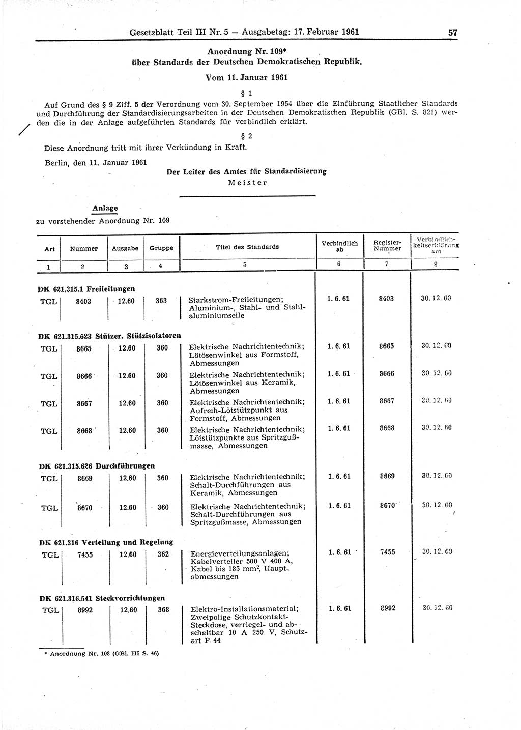 Gesetzblatt (GBl.) der Deutschen Demokratischen Republik (DDR) Teil ⅠⅠⅠ 1961, Seite 57 (GBl. DDR ⅠⅠⅠ 1961, S. 57)