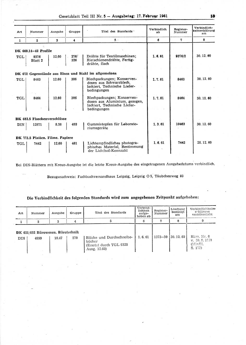 Gesetzblatt (GBl.) der Deutschen Demokratischen Republik (DDR) Teil ⅠⅠⅠ 1961, Seite 59 (GBl. DDR ⅠⅠⅠ 1961, S. 59)