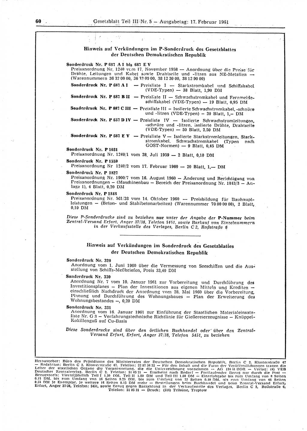 Gesetzblatt (GBl.) der Deutschen Demokratischen Republik (DDR) Teil ⅠⅠⅠ 1961, Seite 60 (GBl. DDR ⅠⅠⅠ 1961, S. 60)