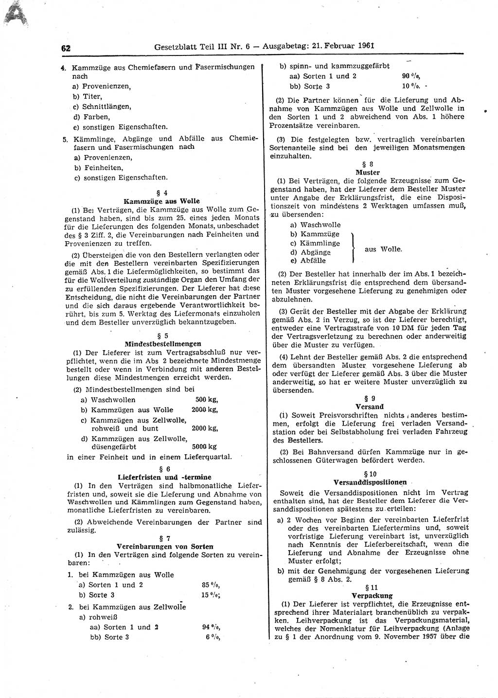 Gesetzblatt (GBl.) der Deutschen Demokratischen Republik (DDR) Teil ⅠⅠⅠ 1961, Seite 62 (GBl. DDR ⅠⅠⅠ 1961, S. 62)