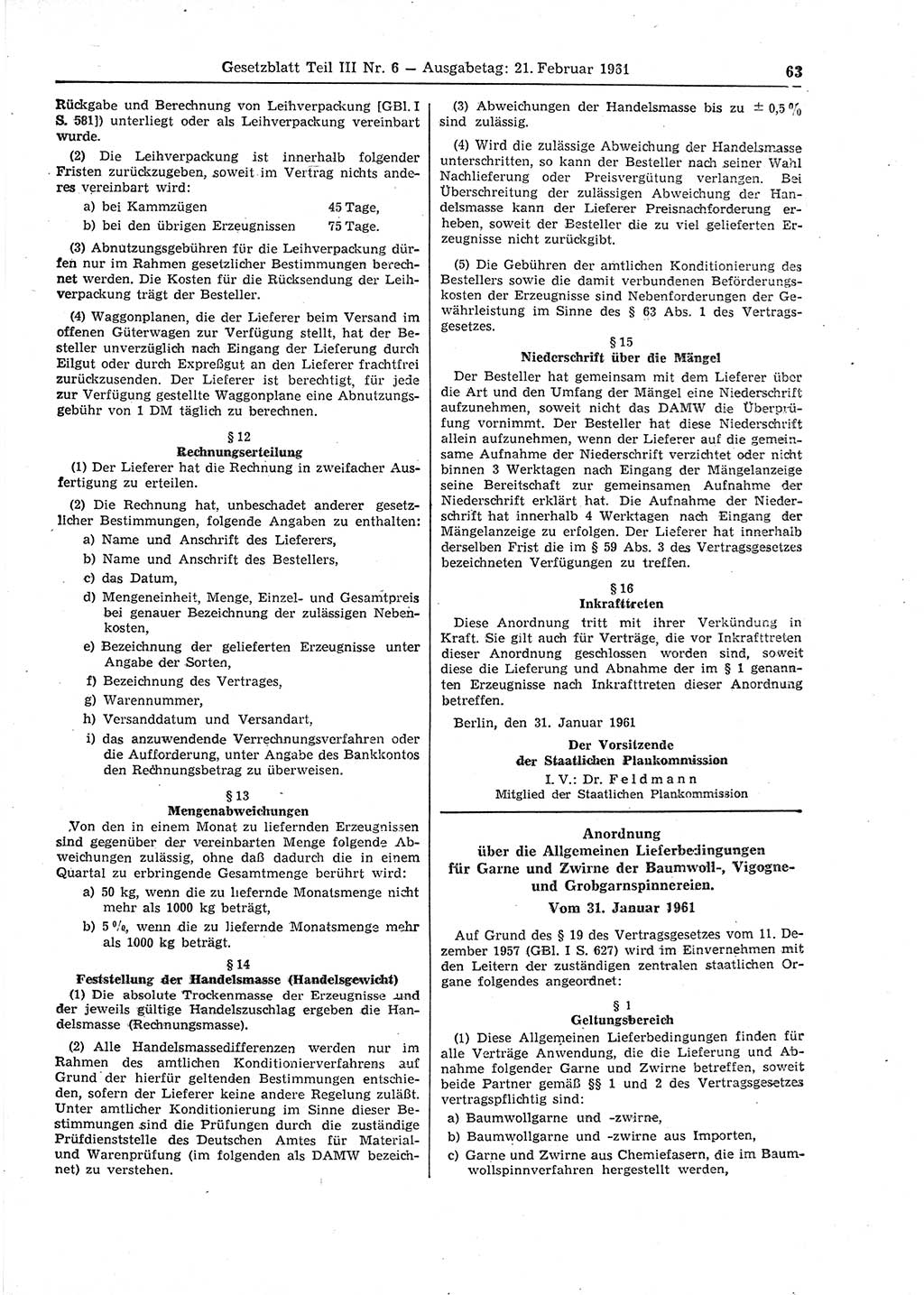 Gesetzblatt (GBl.) der Deutschen Demokratischen Republik (DDR) Teil ⅠⅠⅠ 1961, Seite 63 (GBl. DDR ⅠⅠⅠ 1961, S. 63)