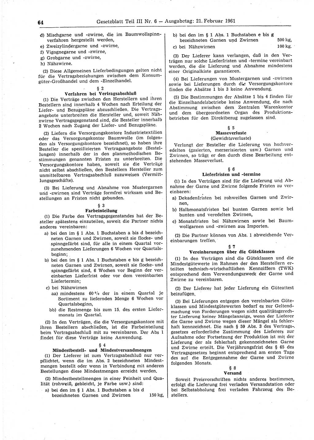 Gesetzblatt (GBl.) der Deutschen Demokratischen Republik (DDR) Teil ⅠⅠⅠ 1961, Seite 64 (GBl. DDR ⅠⅠⅠ 1961, S. 64)