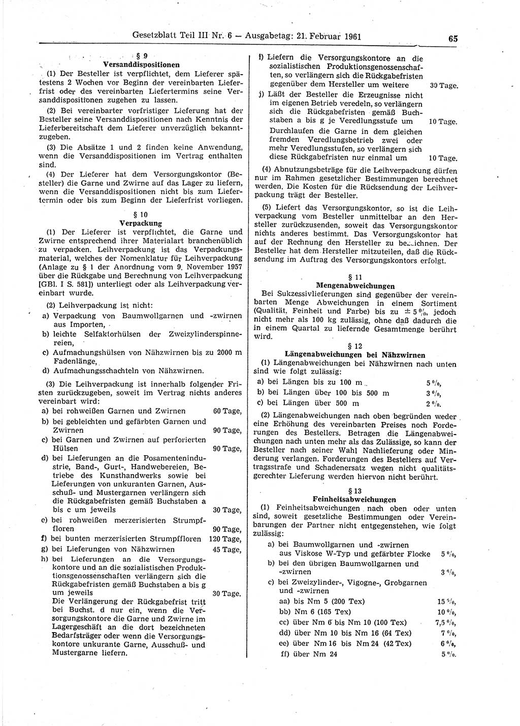 Gesetzblatt (GBl.) der Deutschen Demokratischen Republik (DDR) Teil ⅠⅠⅠ 1961, Seite 65 (GBl. DDR ⅠⅠⅠ 1961, S. 65)