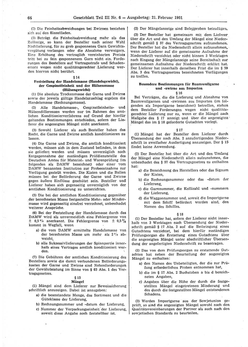 Gesetzblatt (GBl.) der Deutschen Demokratischen Republik (DDR) Teil ⅠⅠⅠ 1961, Seite 66 (GBl. DDR ⅠⅠⅠ 1961, S. 66)