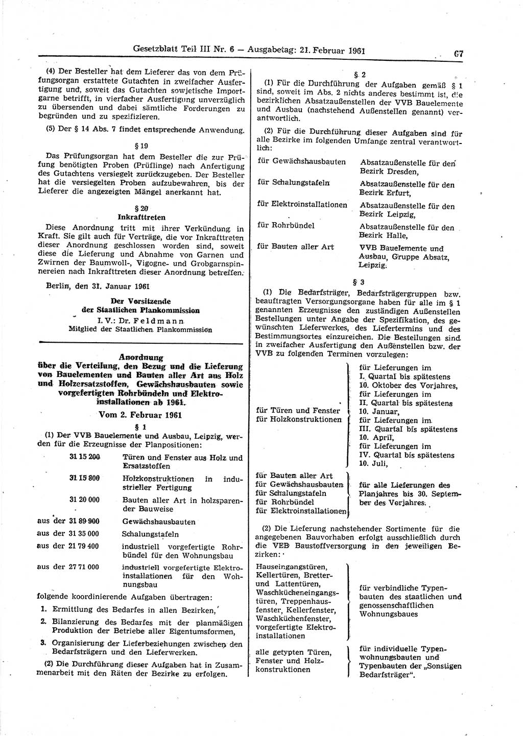 Gesetzblatt (GBl.) der Deutschen Demokratischen Republik (DDR) Teil ⅠⅠⅠ 1961, Seite 67 (GBl. DDR ⅠⅠⅠ 1961, S. 67)