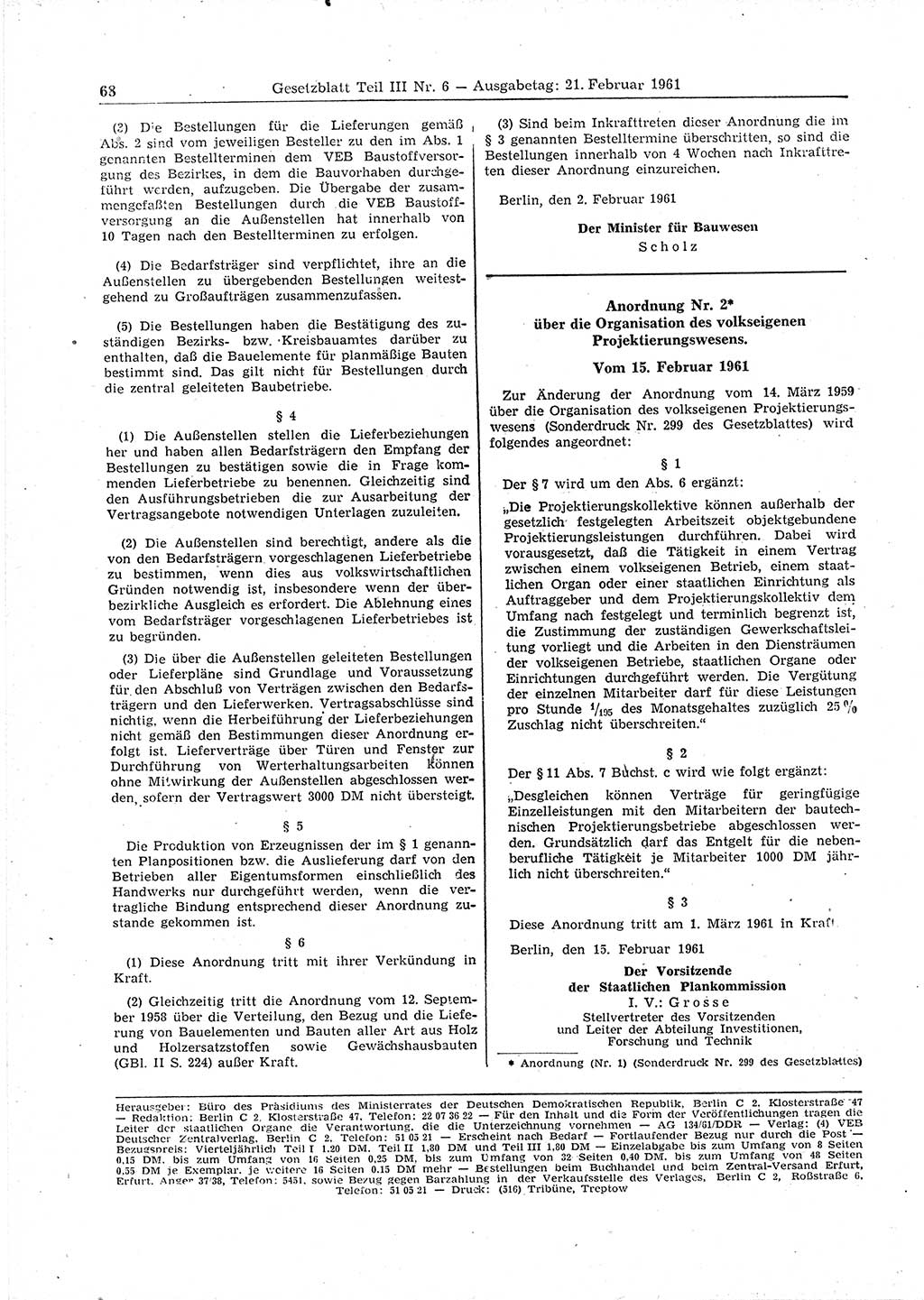 Gesetzblatt (GBl.) der Deutschen Demokratischen Republik (DDR) Teil ⅠⅠⅠ 1961, Seite 68 (GBl. DDR ⅠⅠⅠ 1961, S. 68)