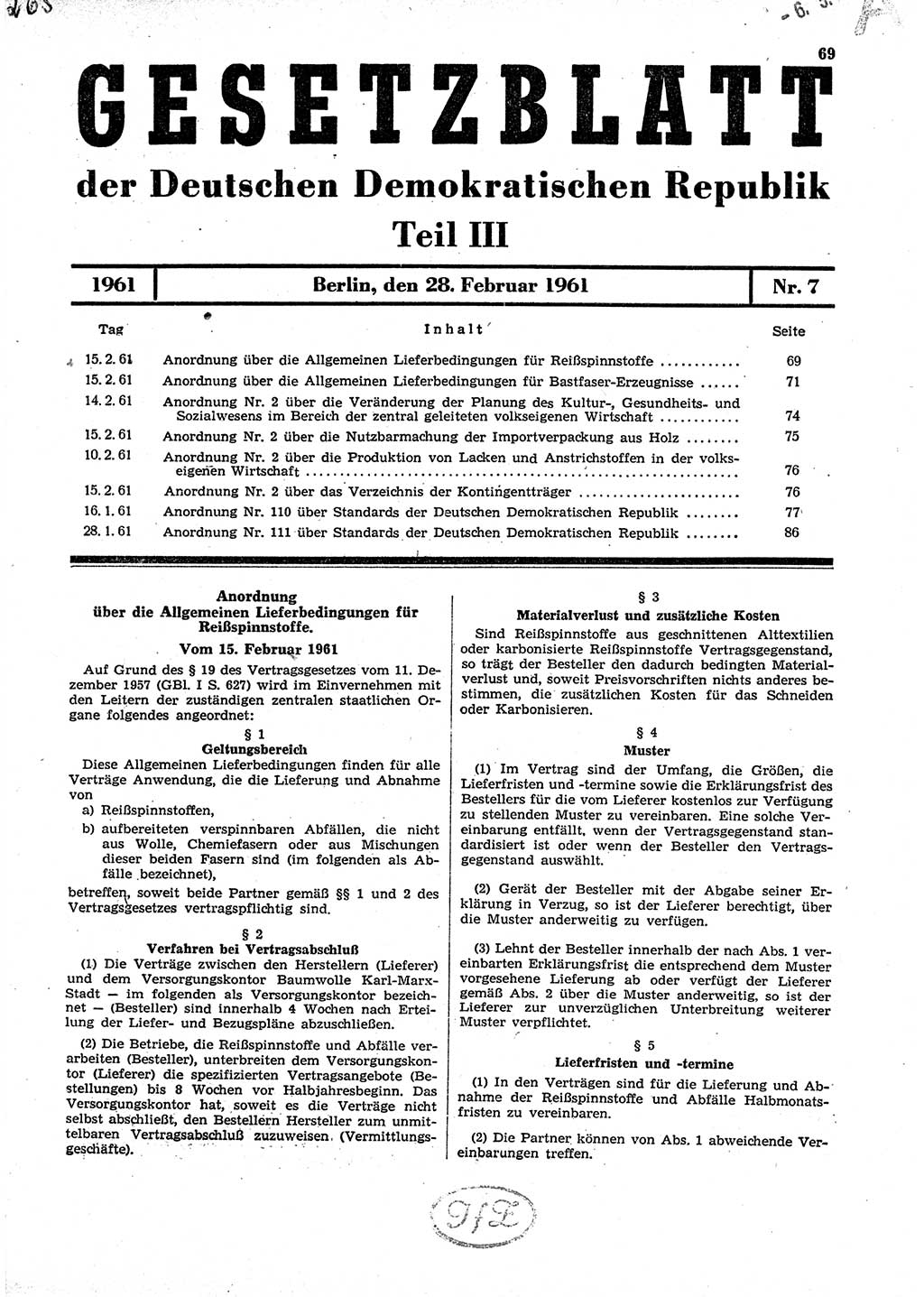 Gesetzblatt (GBl.) der Deutschen Demokratischen Republik (DDR) Teil ⅠⅠⅠ 1961, Seite 69 (GBl. DDR ⅠⅠⅠ 1961, S. 69)