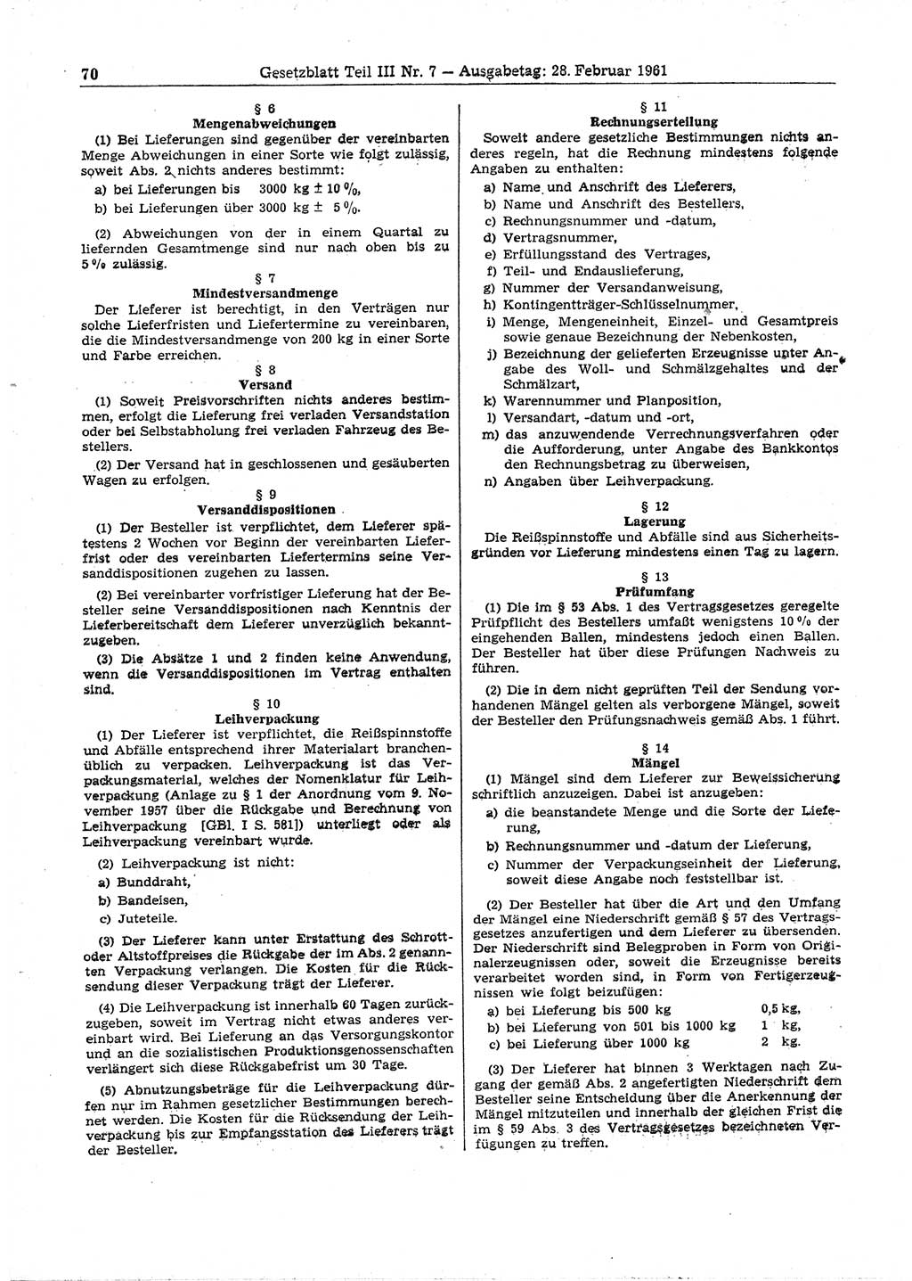 Gesetzblatt (GBl.) der Deutschen Demokratischen Republik (DDR) Teil ⅠⅠⅠ 1961, Seite 70 (GBl. DDR ⅠⅠⅠ 1961, S. 70)