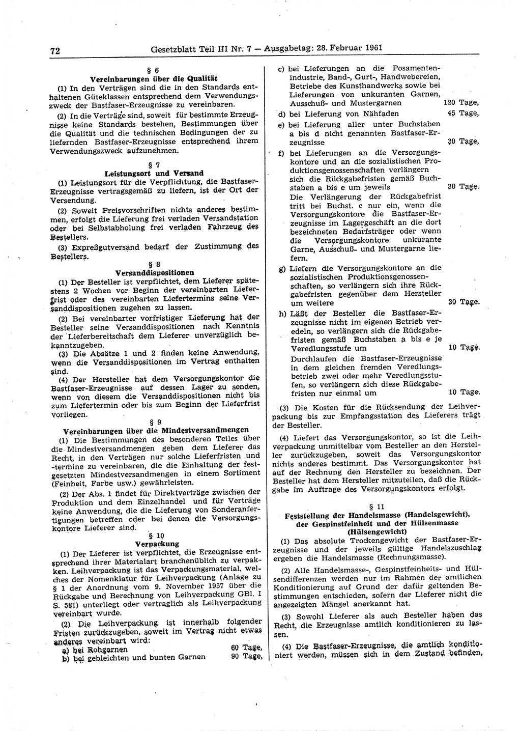 Gesetzblatt (GBl.) der Deutschen Demokratischen Republik (DDR) Teil ⅠⅠⅠ 1961, Seite 72 (GBl. DDR ⅠⅠⅠ 1961, S. 72)