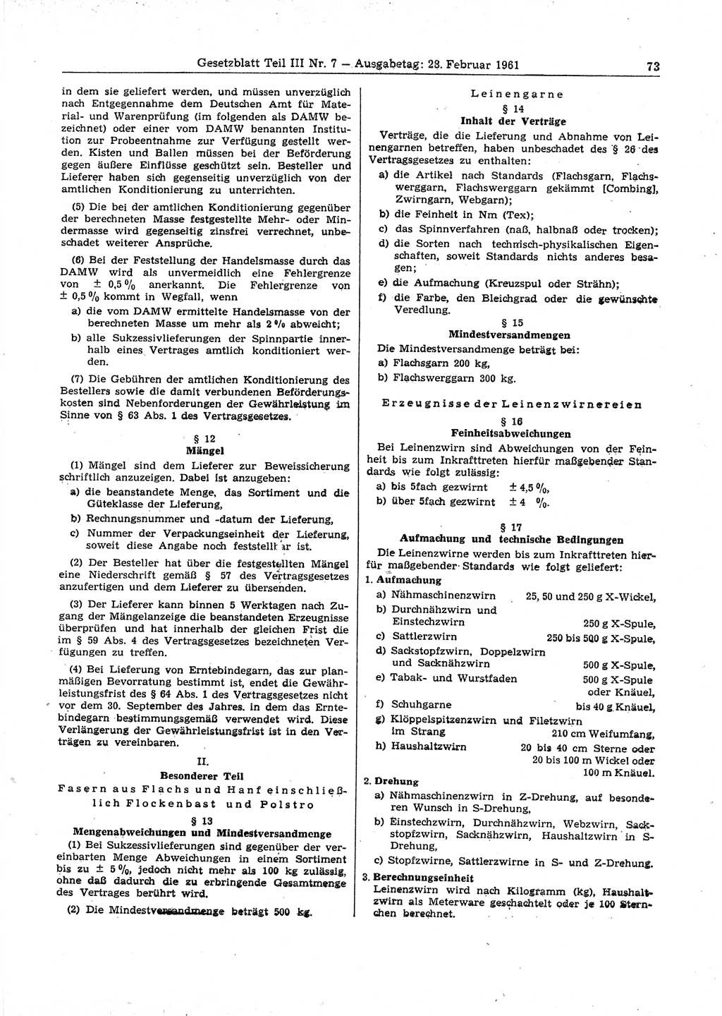 Gesetzblatt (GBl.) der Deutschen Demokratischen Republik (DDR) Teil ⅠⅠⅠ 1961, Seite 73 (GBl. DDR ⅠⅠⅠ 1961, S. 73)