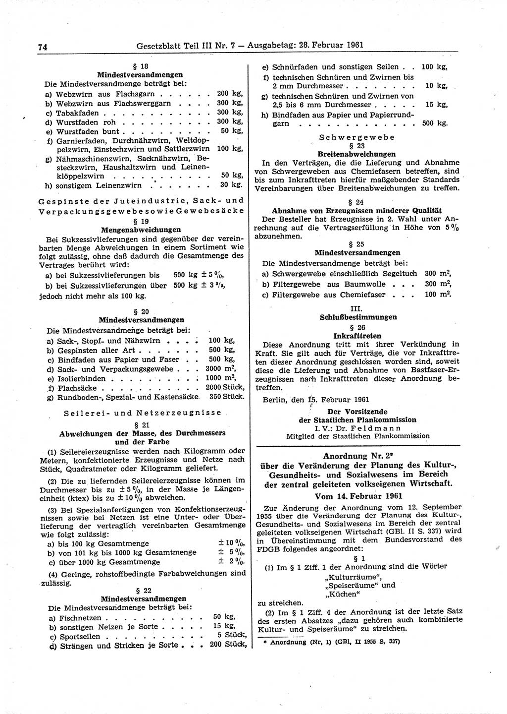 Gesetzblatt (GBl.) der Deutschen Demokratischen Republik (DDR) Teil ⅠⅠⅠ 1961, Seite 74 (GBl. DDR ⅠⅠⅠ 1961, S. 74)