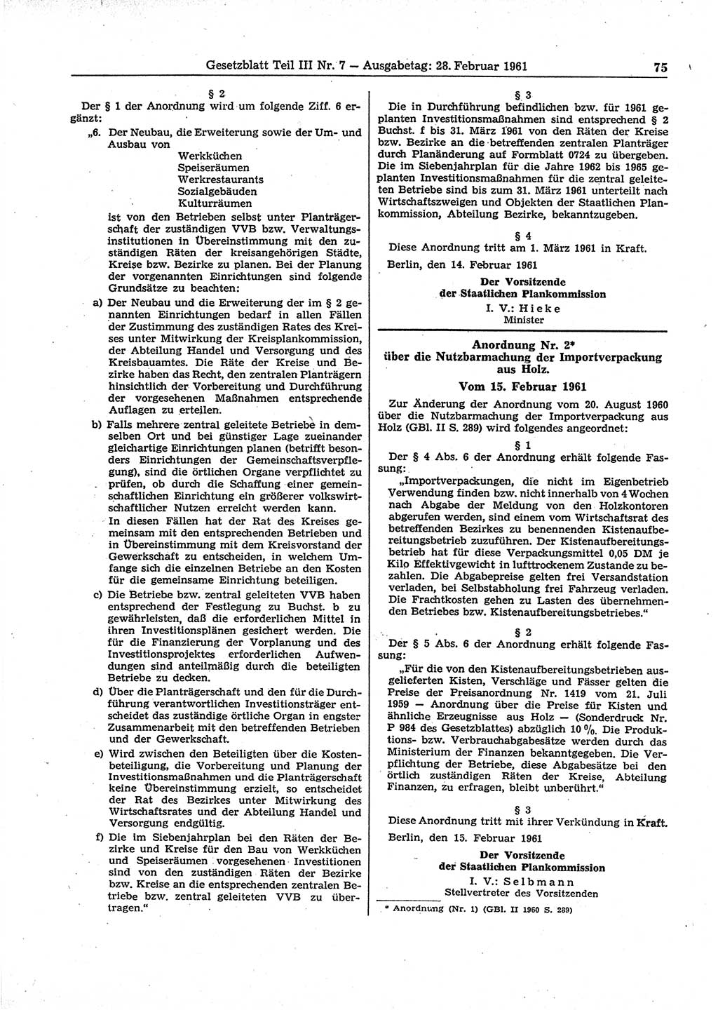 Gesetzblatt (GBl.) der Deutschen Demokratischen Republik (DDR) Teil ⅠⅠⅠ 1961, Seite 75 (GBl. DDR ⅠⅠⅠ 1961, S. 75)