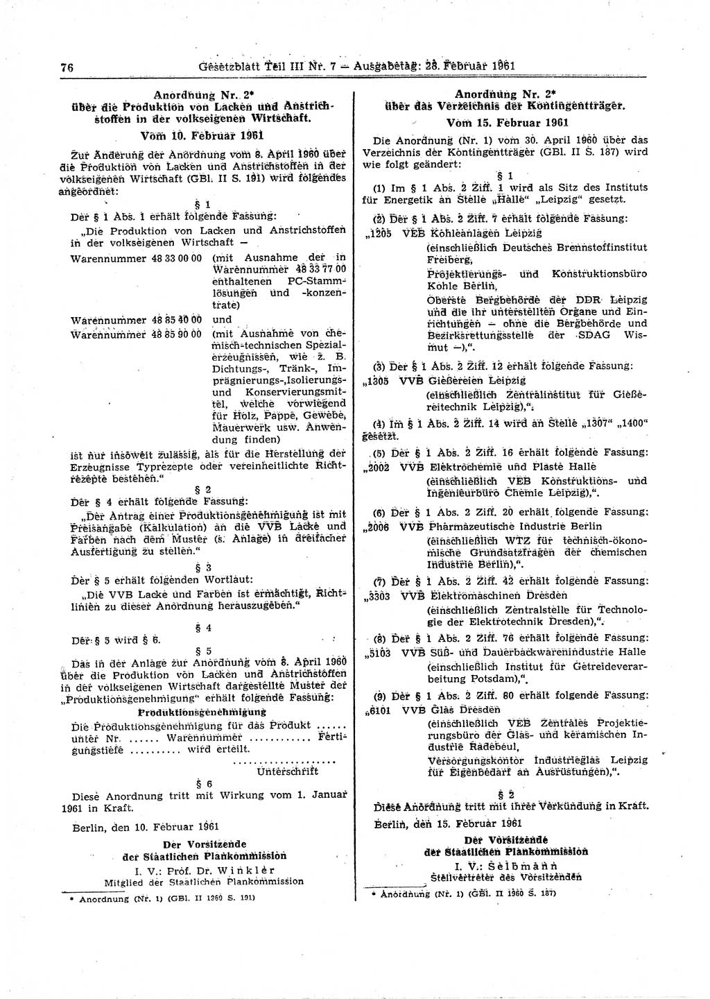 Gesetzblatt (GBl.) der Deutschen Demokratischen Republik (DDR) Teil ⅠⅠⅠ 1961, Seite 76 (GBl. DDR ⅠⅠⅠ 1961, S. 76)