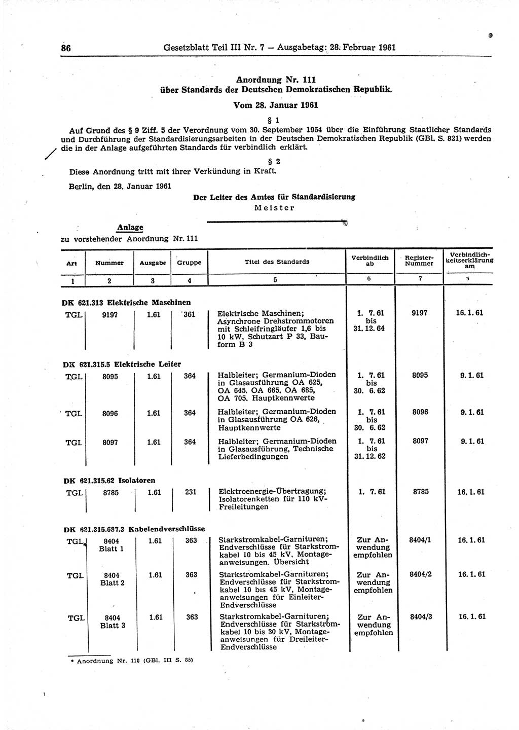 Gesetzblatt (GBl.) der Deutschen Demokratischen Republik (DDR) Teil ⅠⅠⅠ 1961, Seite 86 (GBl. DDR ⅠⅠⅠ 1961, S. 86)