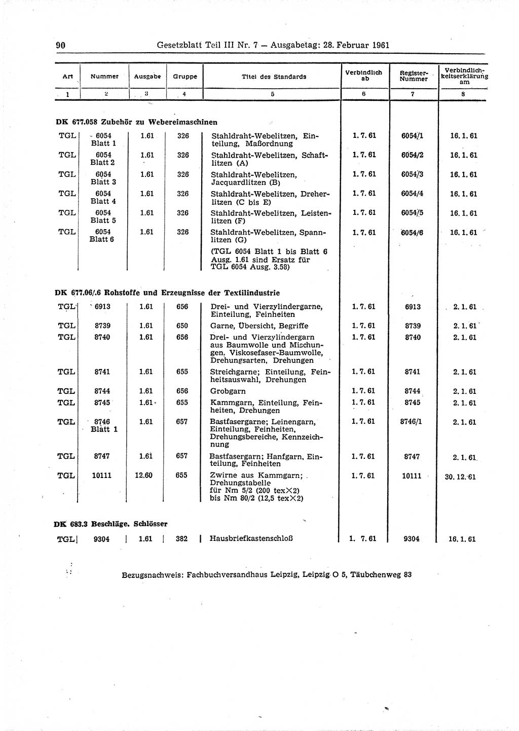 Gesetzblatt (GBl.) der Deutschen Demokratischen Republik (DDR) Teil ⅠⅠⅠ 1961, Seite 90 (GBl. DDR ⅠⅠⅠ 1961, S. 90)