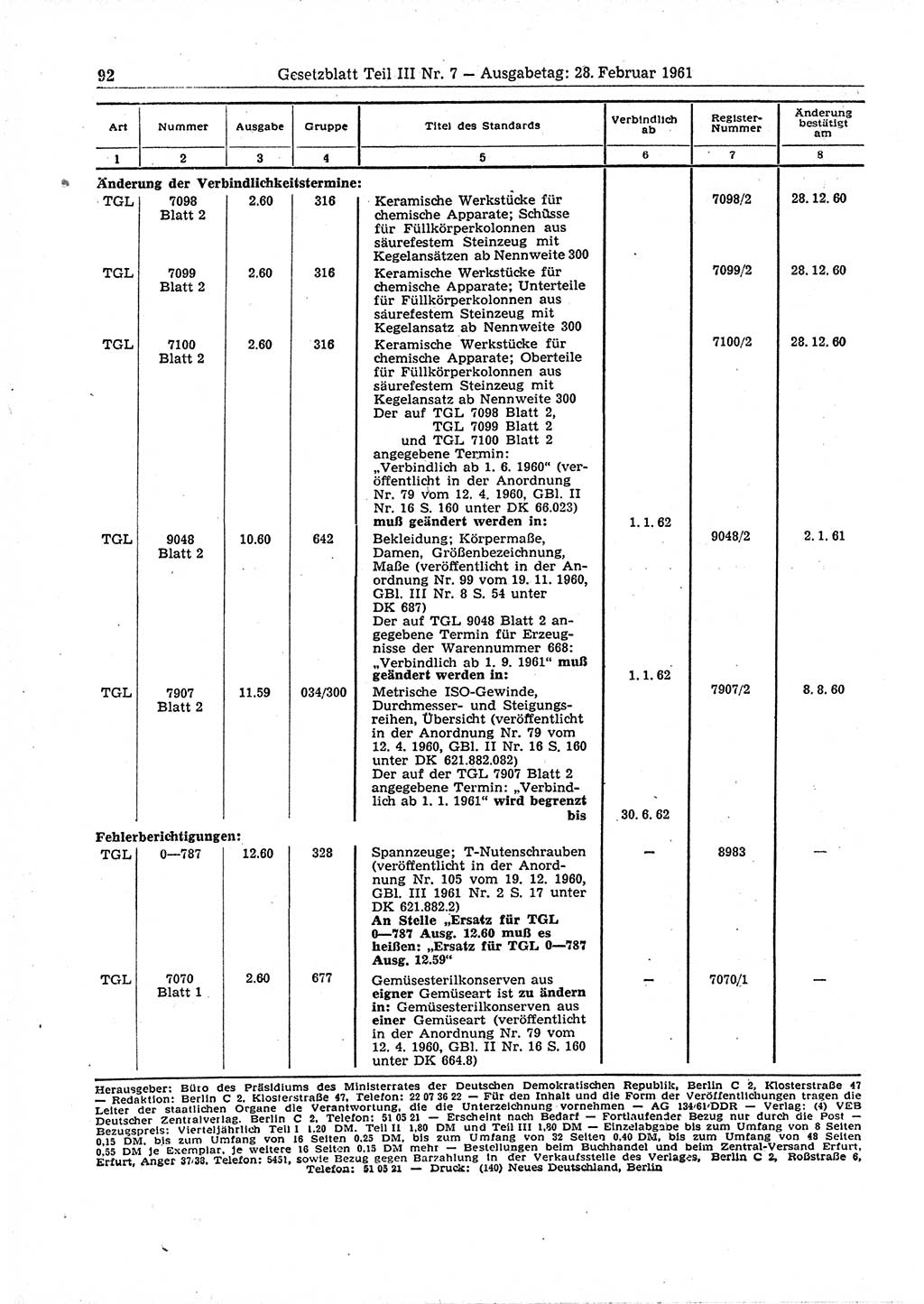 Gesetzblatt (GBl.) der Deutschen Demokratischen Republik (DDR) Teil ⅠⅠⅠ 1961, Seite 92 (GBl. DDR ⅠⅠⅠ 1961, S. 92)