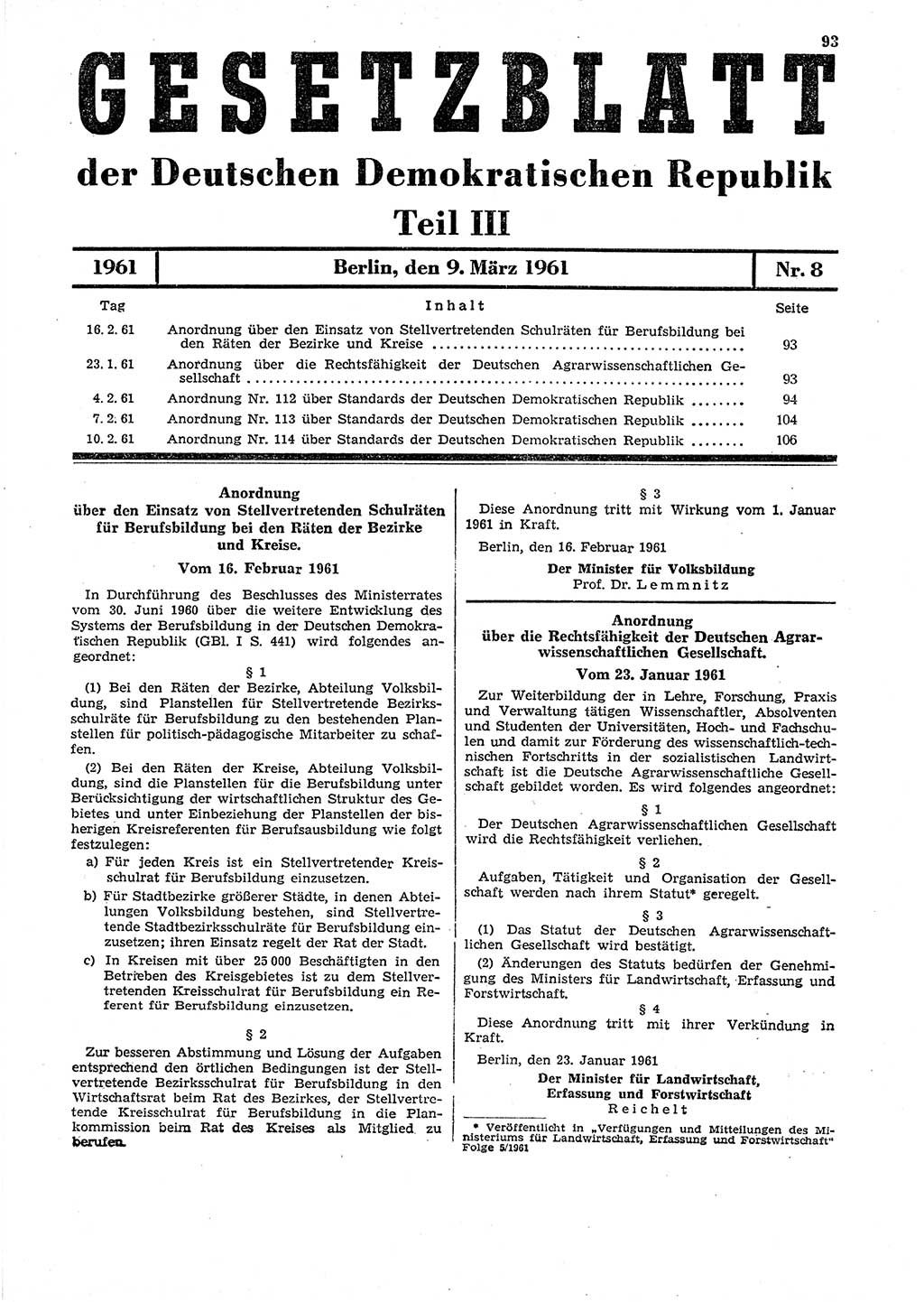 Gesetzblatt (GBl.) der Deutschen Demokratischen Republik (DDR) Teil ⅠⅠⅠ 1961, Seite 93 (GBl. DDR ⅠⅠⅠ 1961, S. 93)